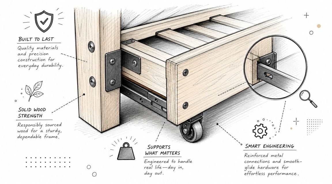A detailed technical illustration highlighting the sturdy construction, solid wood materials, and smooth-glide hardware of a trundle bed.