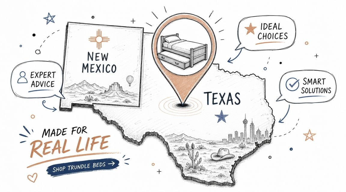 A hand-drawn illustration showing a map of Texas and New Mexico featuring a trundle bed icon.