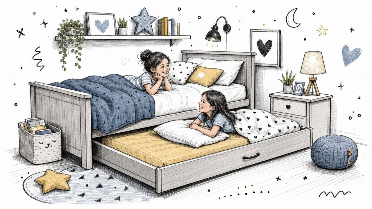 Two young girls smiling and relaxing on a cozy wooden trundle bed in a decorated bedroom.