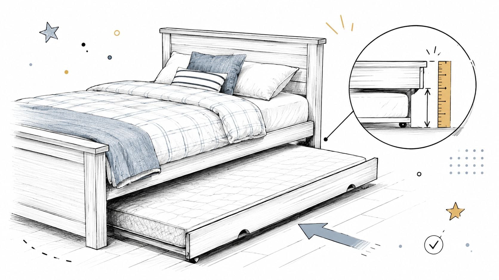 A pencil sketch of a wooden bed frame featuring a pull-out trundle bed with a mattress underneath.