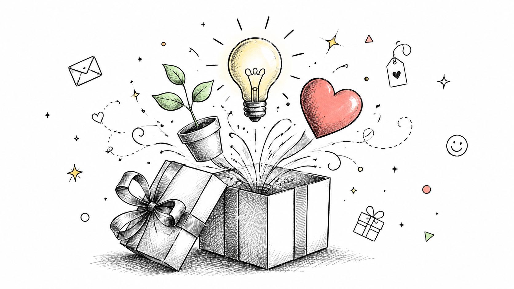 A hand-drawn illustration showing a gift box opening with a plant, a lightbulb, and a heart emerging.