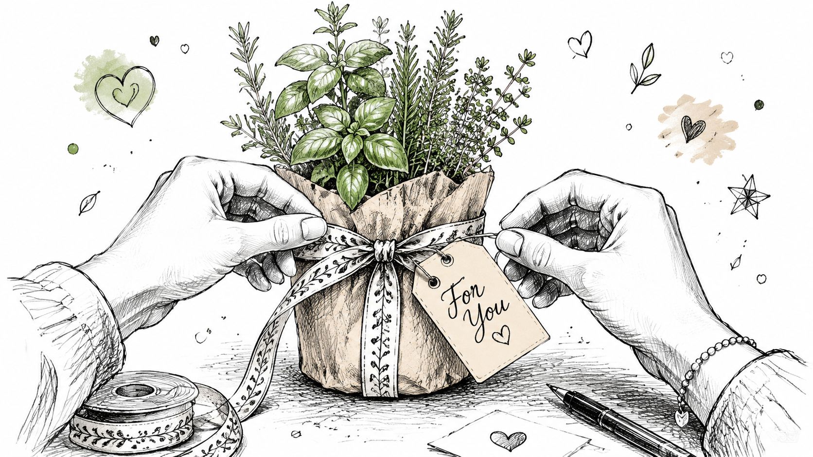 A hand-drawn illustration of hands wrapping a potted herb gift with a tag saying For You.