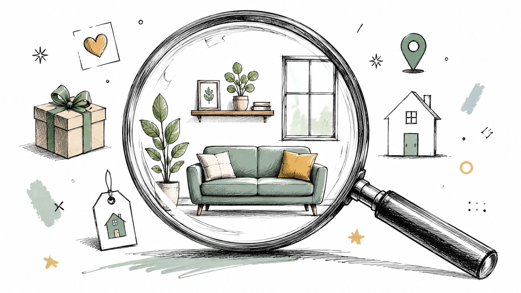 A magnifying glass focusing on a living room scene with home-themed icons and gift box illustrations.