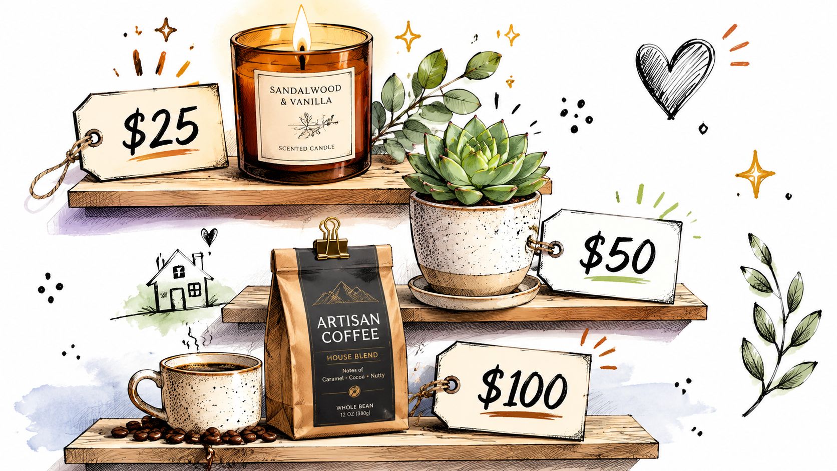A hand-drawn illustration of three cozy home decor items with price tags on wooden floating shelves.