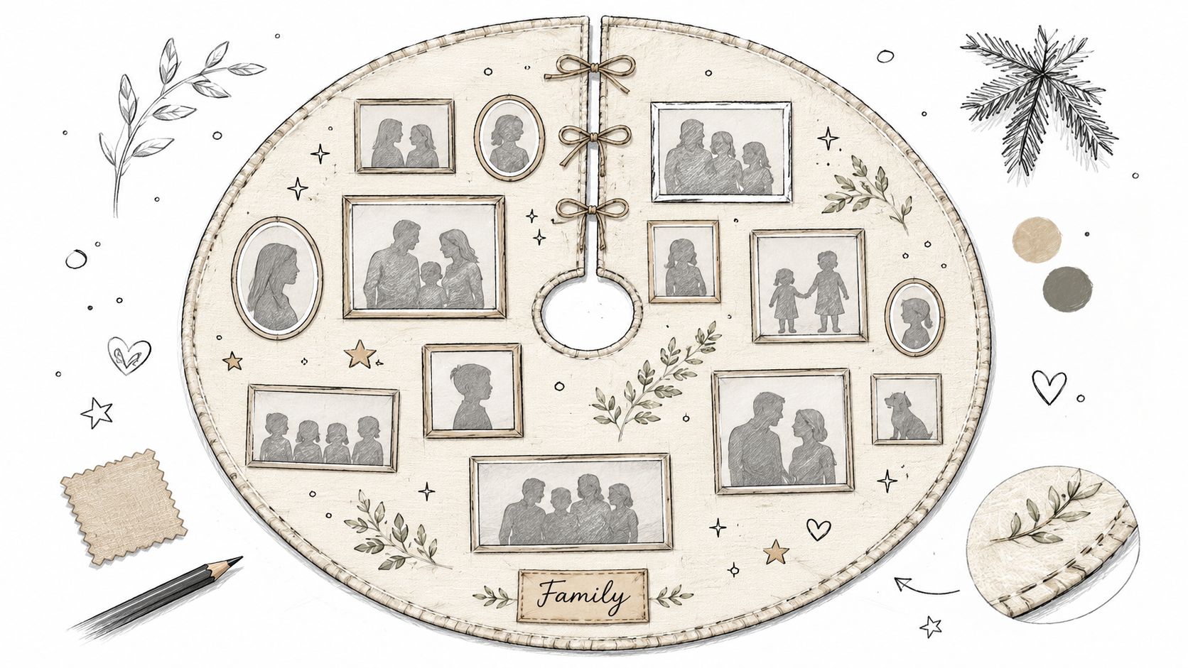 A sketched illustration of a personalized Christmas tree skirt with multiple family photo frames and nature-inspired decorations.