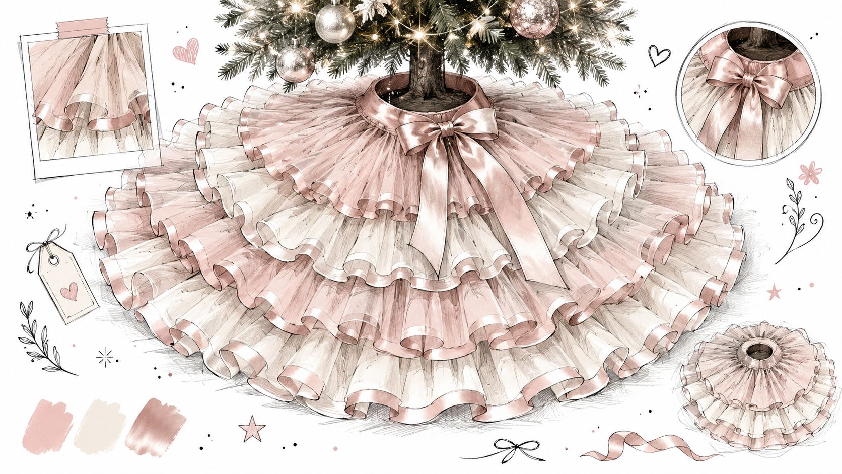 A detailed fashion illustration of a layered pink and cream ruffled Christmas tree skirt with bows.