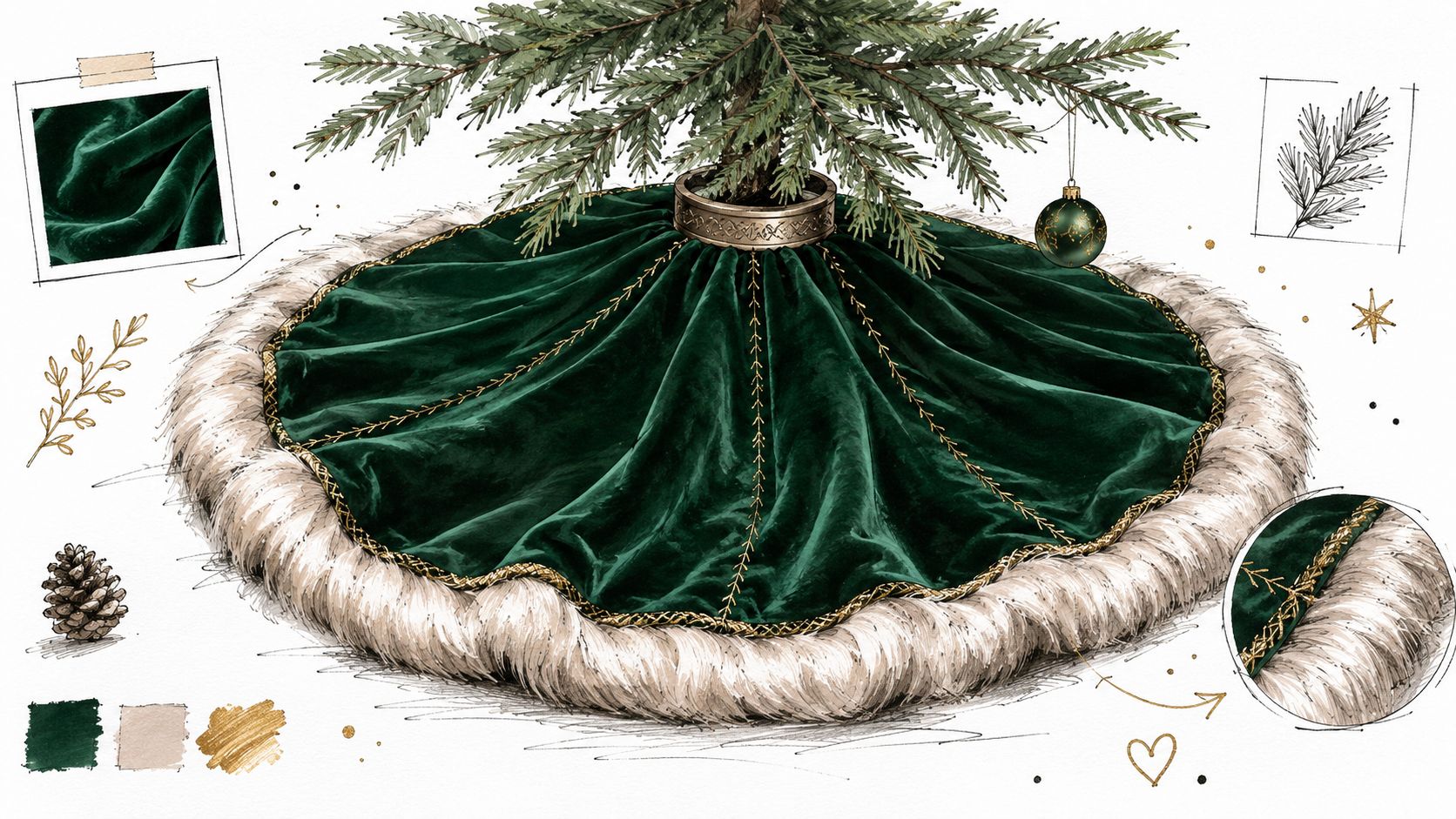 A detailed fashion illustration showing a luxurious velvet green Christmas tree skirt with faux fur trim.
