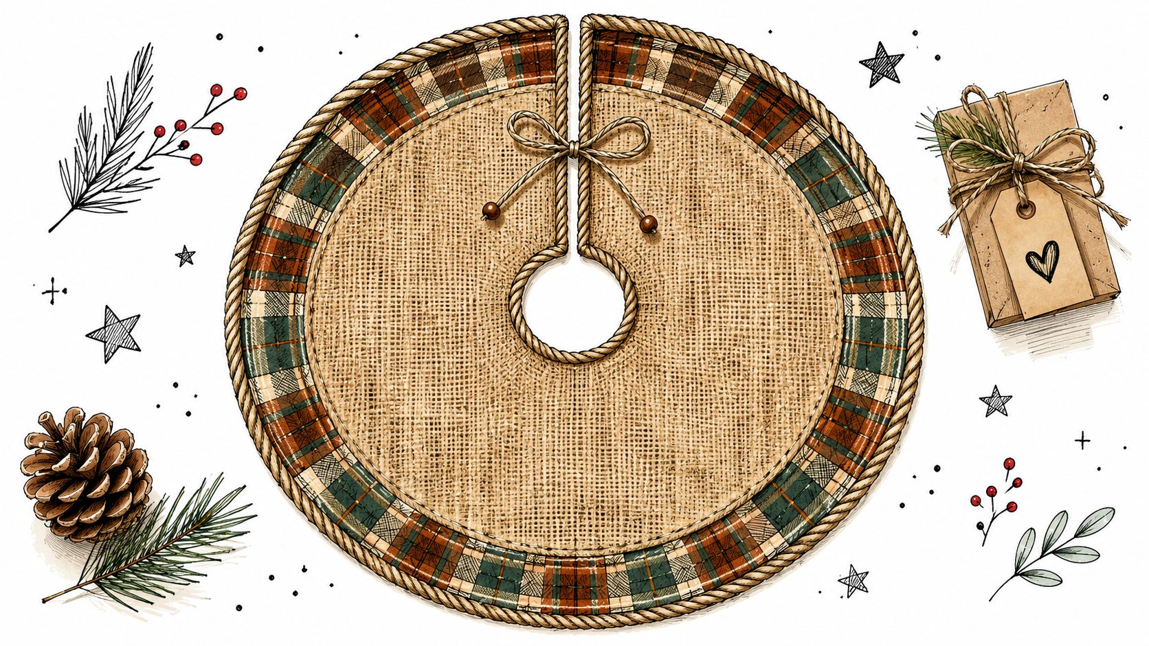 A rustic burlap Christmas tree skirt with a plaid border, illustrated with pine cones and holiday gift decor.