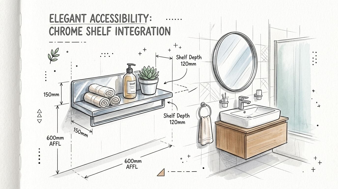A detailed architectural sketch of a modern chrome bathroom shelf with installation measurements shown on a wall.