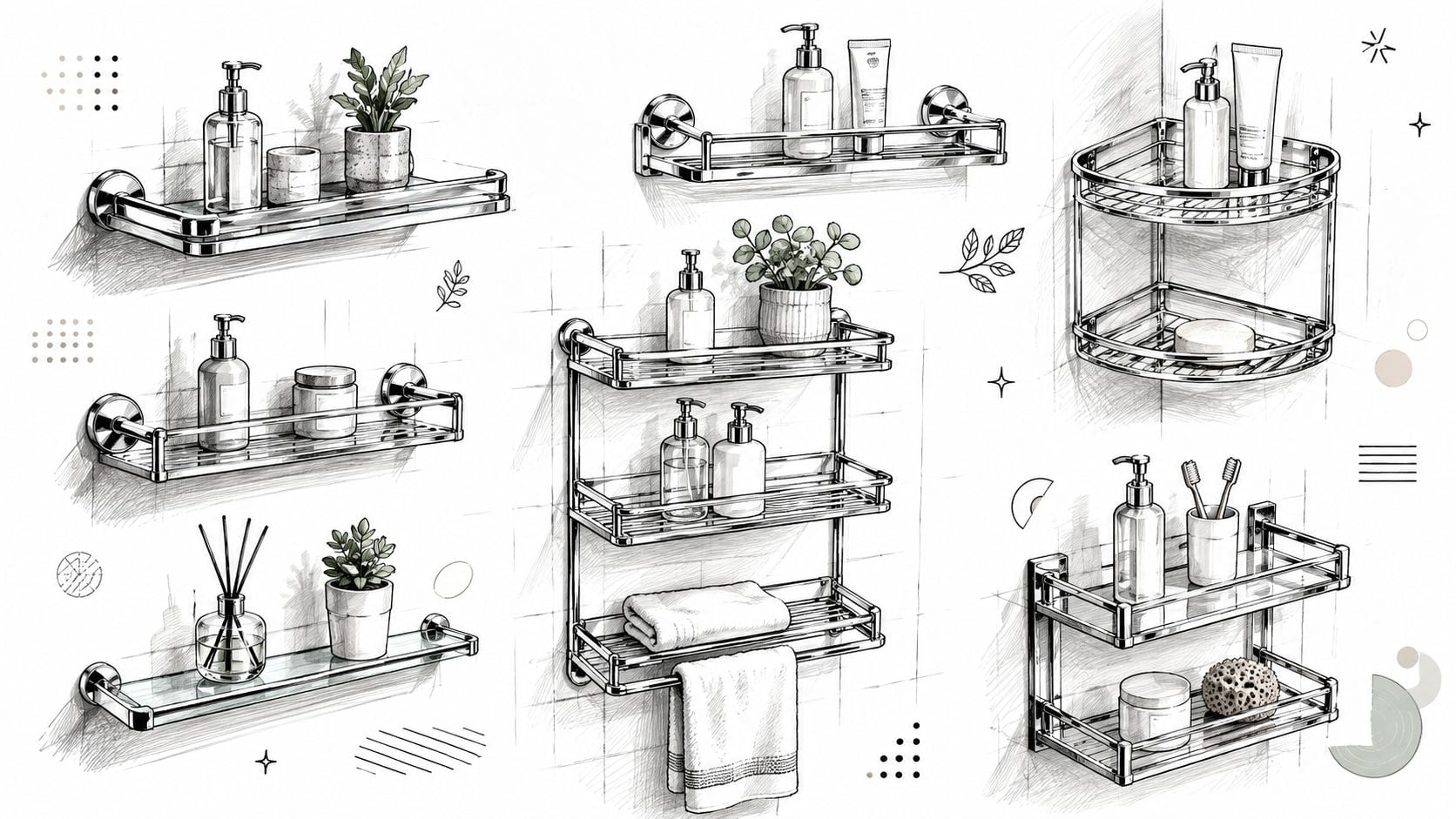 A collection of various chrome bathroom shelves illustrated with toiletries, plants, and towels in a clean sketch style.