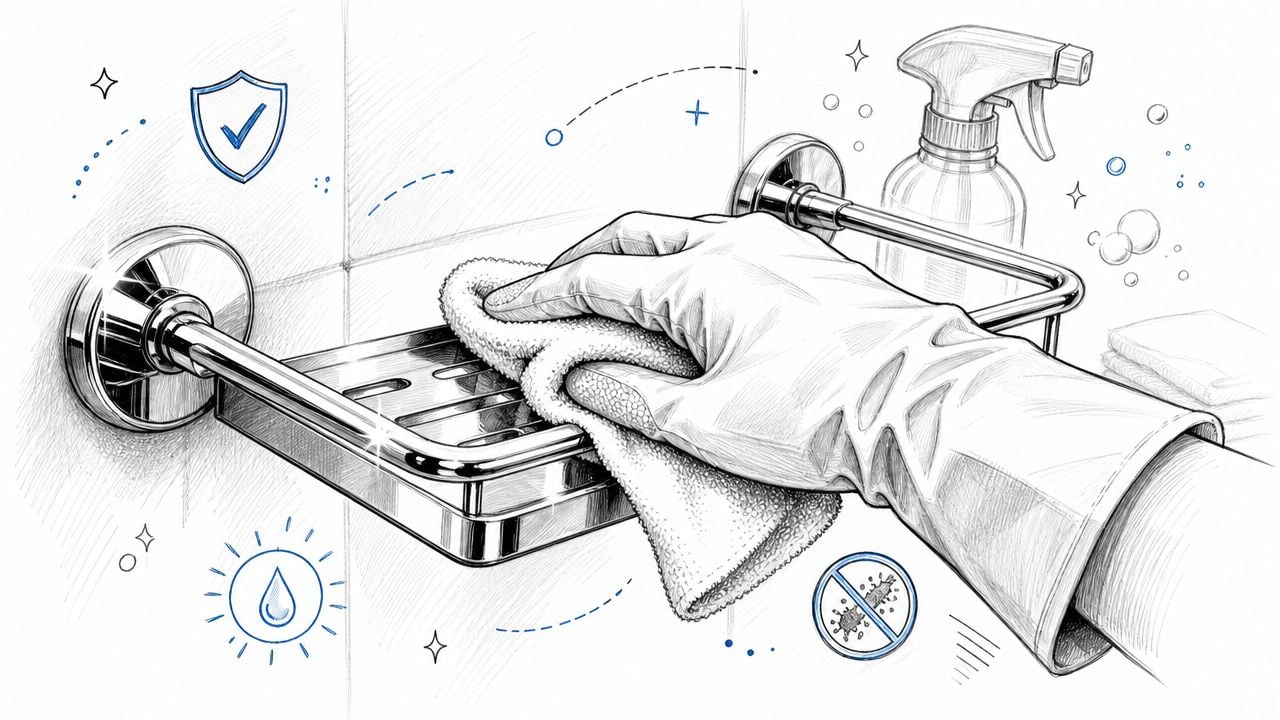 A gloved hand wipes down a chrome bathroom shelf with a cleaning cloth to ensure hygiene.
