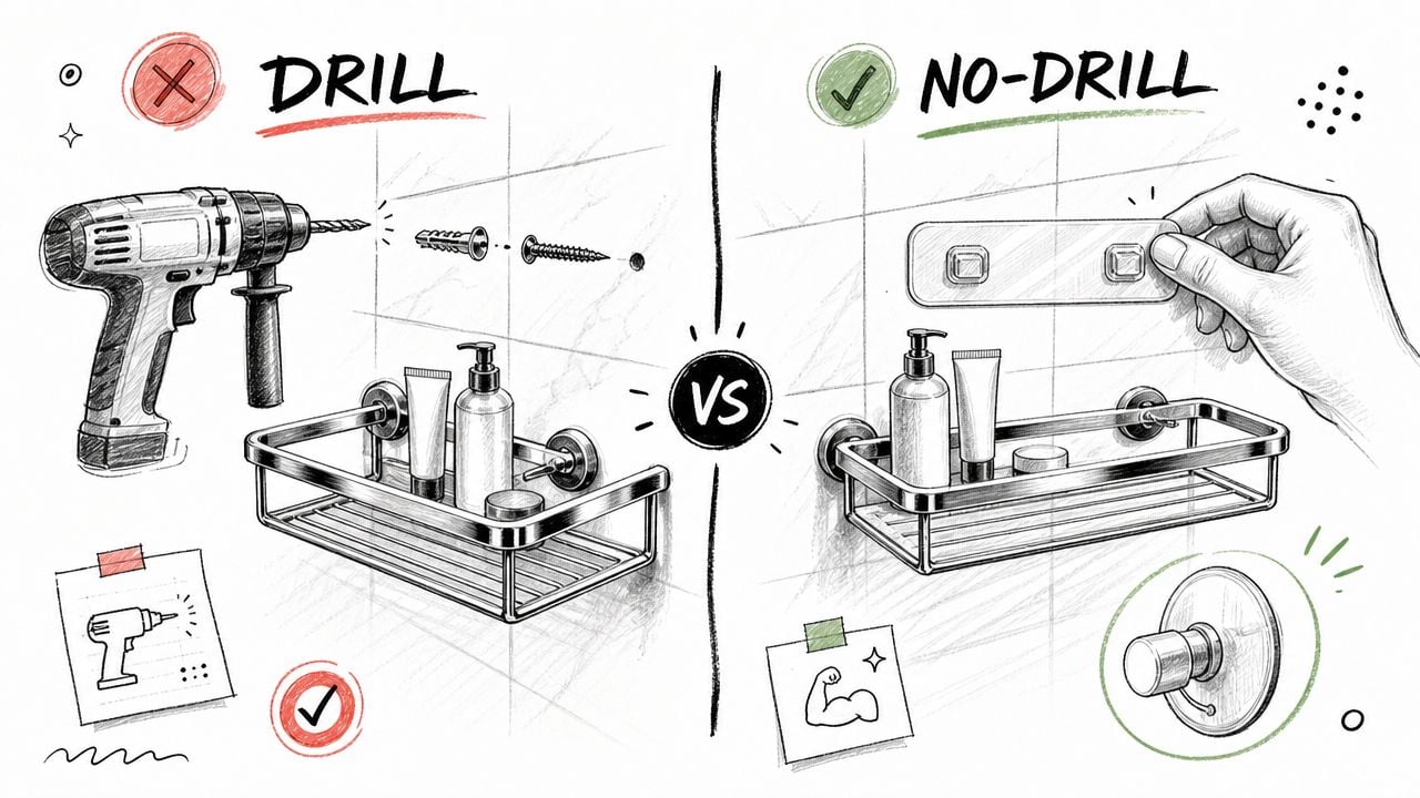 A comparison illustration showing installation of chrome bathroom shelves using a drill versus a no-drill method.