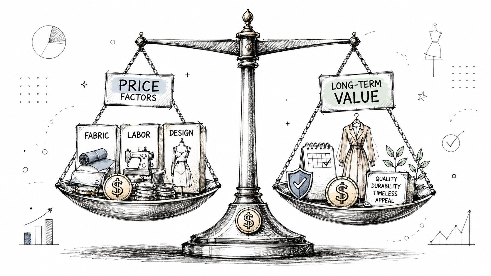 A balanced scale comparing price factors like fabric and labor against long-term value such as quality.