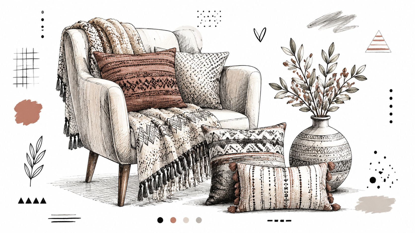 A pencil-style illustration of a modern armchair with patterned throw pillows and a decorative vase.