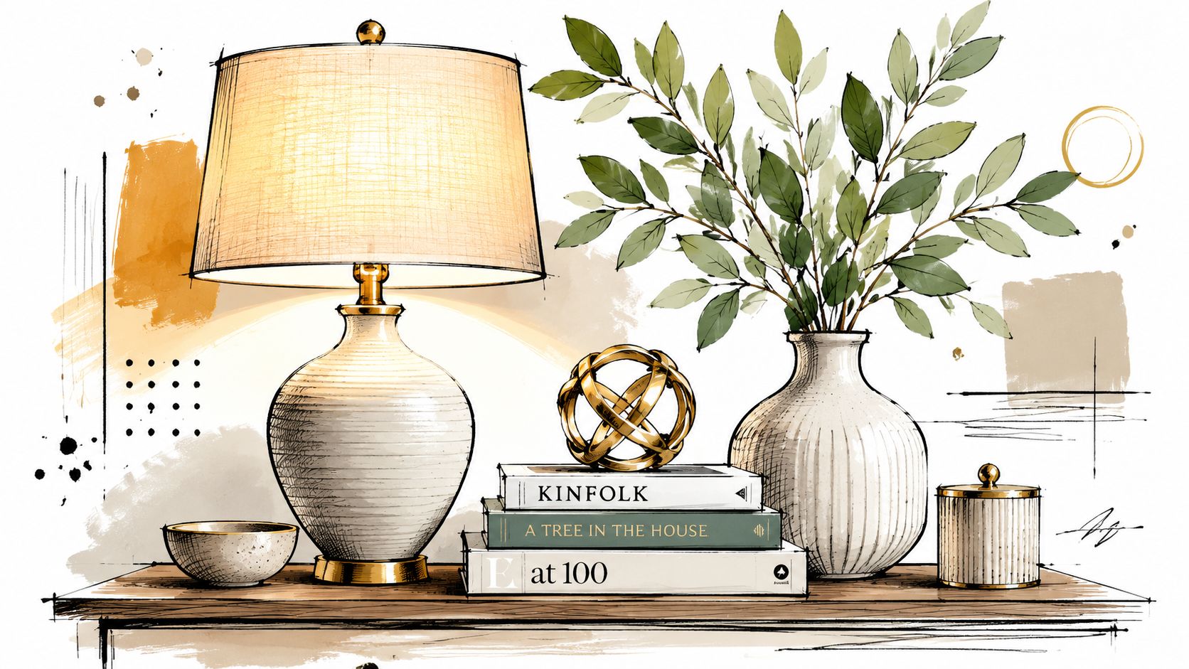 A stylish interior vignette featuring a lamp, vase with greenery, decorative books, and golden decor on a console.
