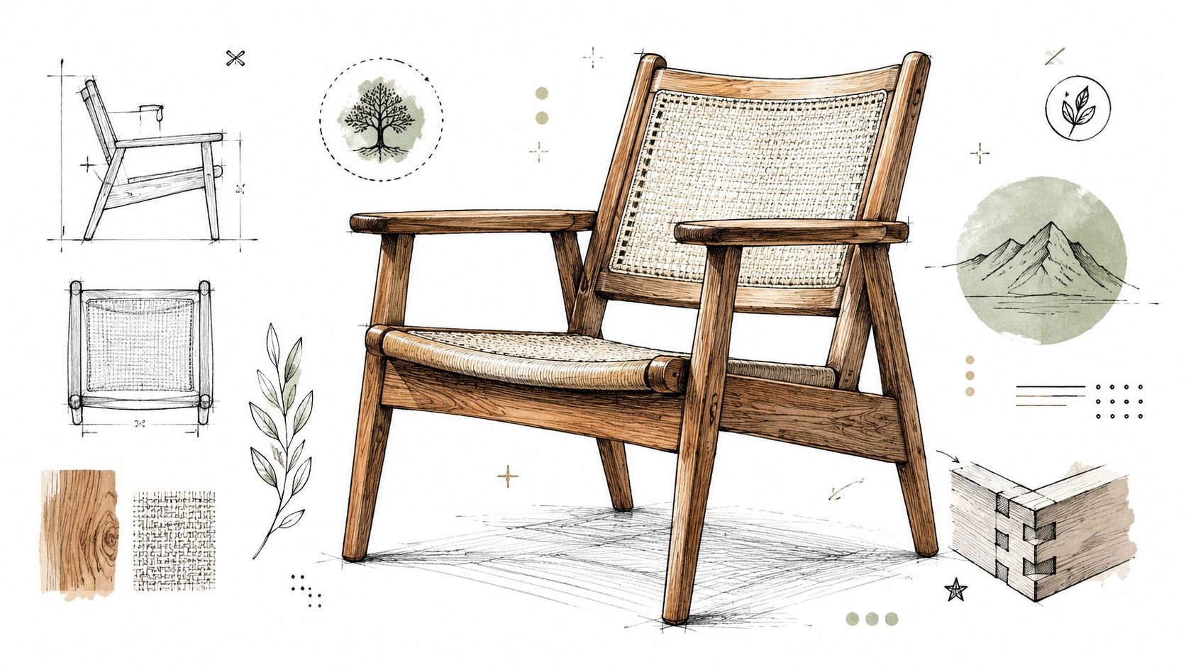 A detailed technical drawing and artistic illustration of a wooden mid-century modern lounge chair with cane webbing.