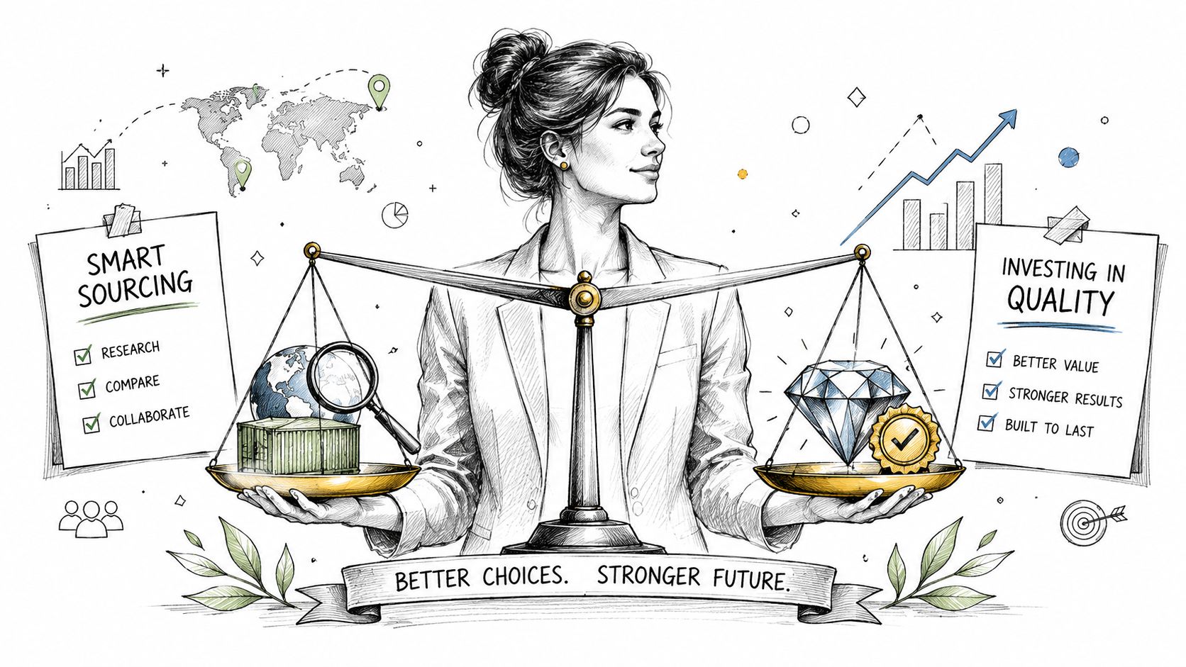 A woman balances a globe and shipping container against a diamond to represent strategic sourcing and quality.