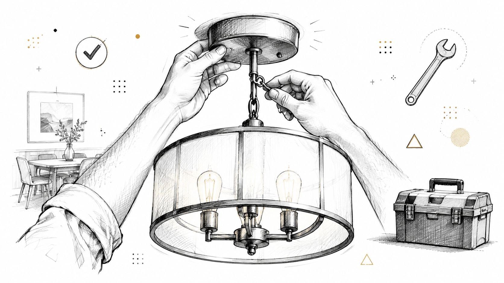 A hand-drawn illustration showing a person installing a modern drum-style pendant chandelier in a dining room.