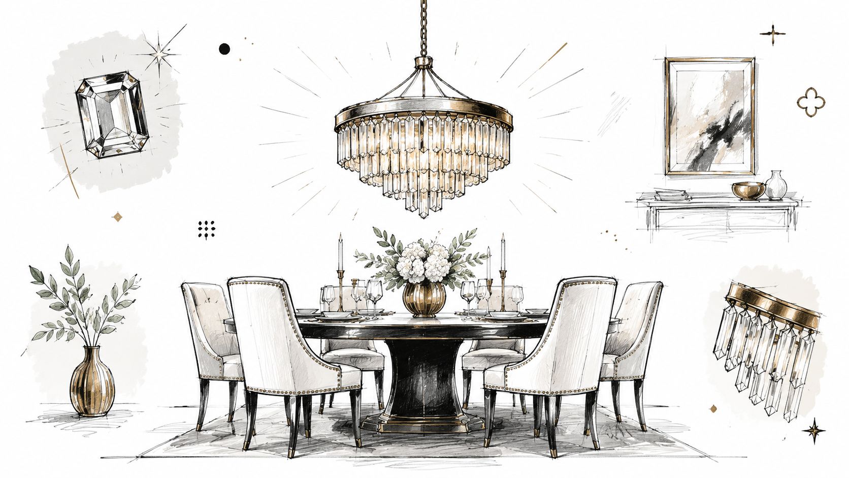 A sophisticated architectural sketch of a dining room featuring a grand crystal chandelier above a round table.