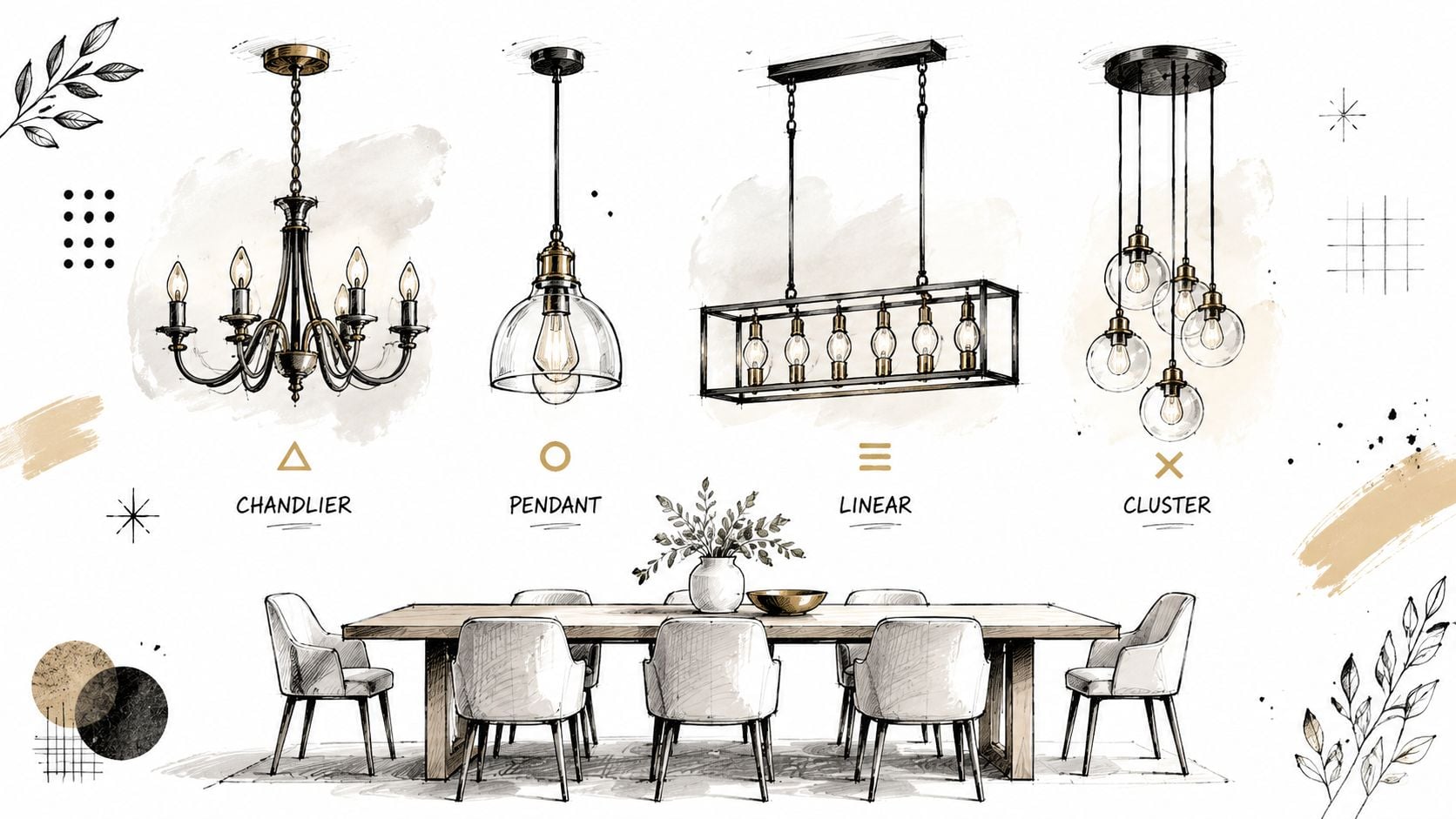 A digital sketch showcasing various lighting fixture styles including chandelier, pendant, linear, and cluster options for dining areas.