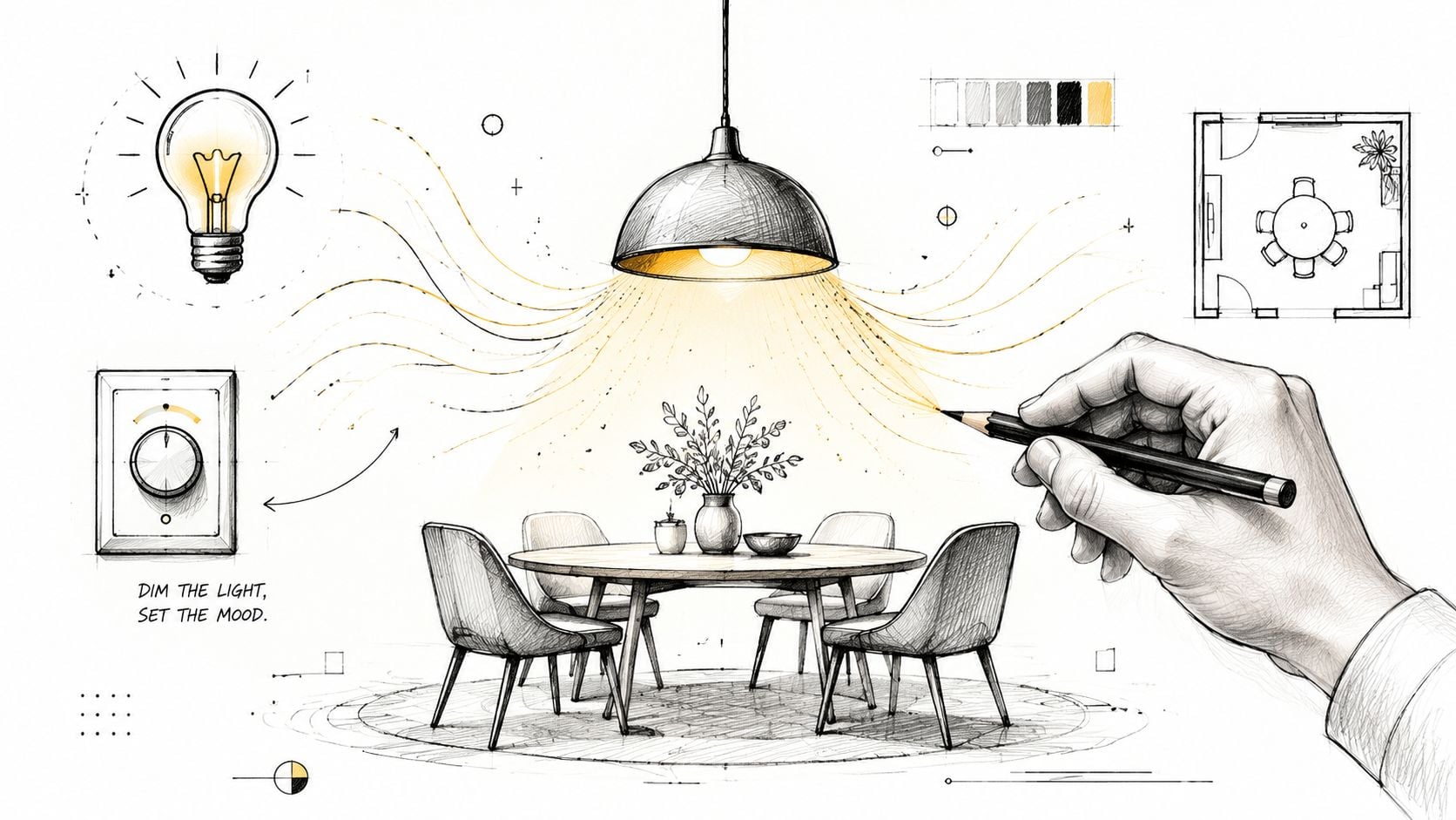 A hand sketch of a dining room featuring a pendant light over a table, dimmer switch, and floor plan.