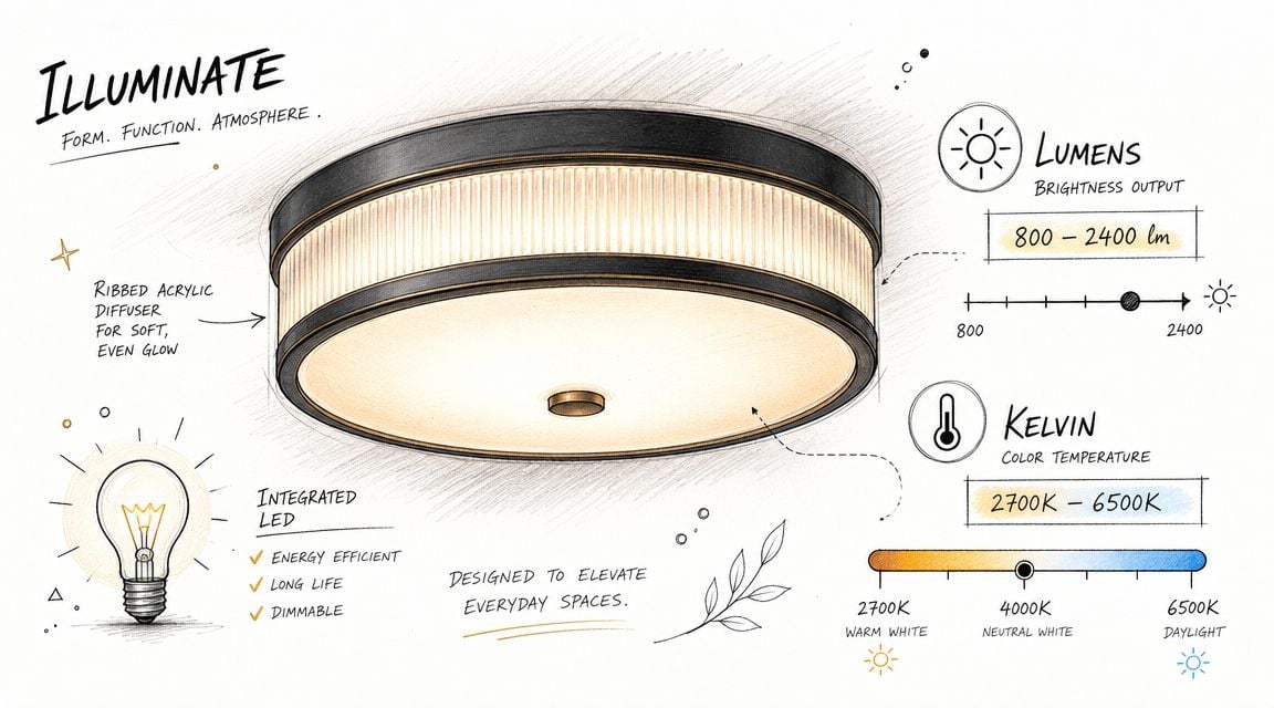 A product sketch showing a modern flush mount ceiling light with adjustable brightness and color temperature settings.