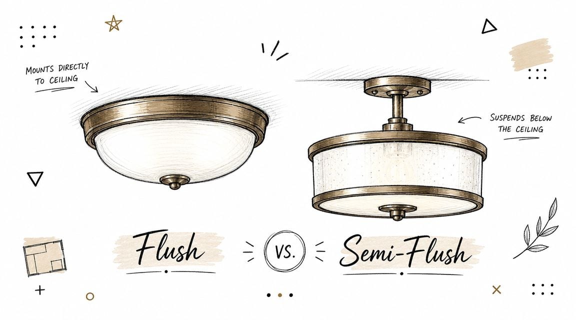 A diagram comparing flush mount and semi-flush mount ceiling lights with descriptions and illustrative sketches.