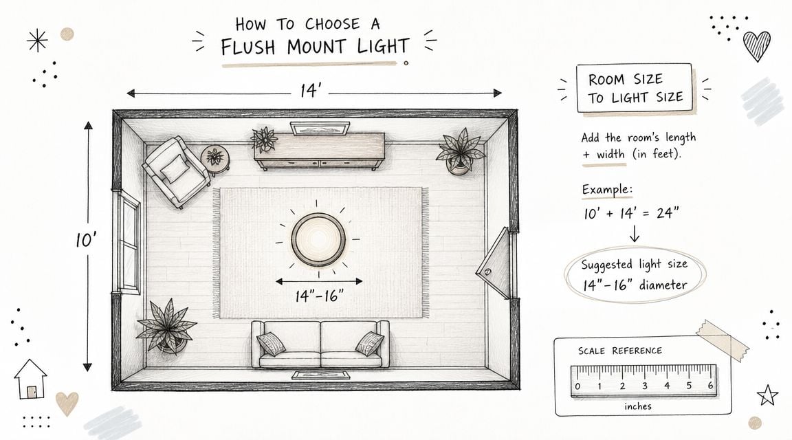 An infographic illustrating how to calculate the correct size of a flush mount light fixture for a room.