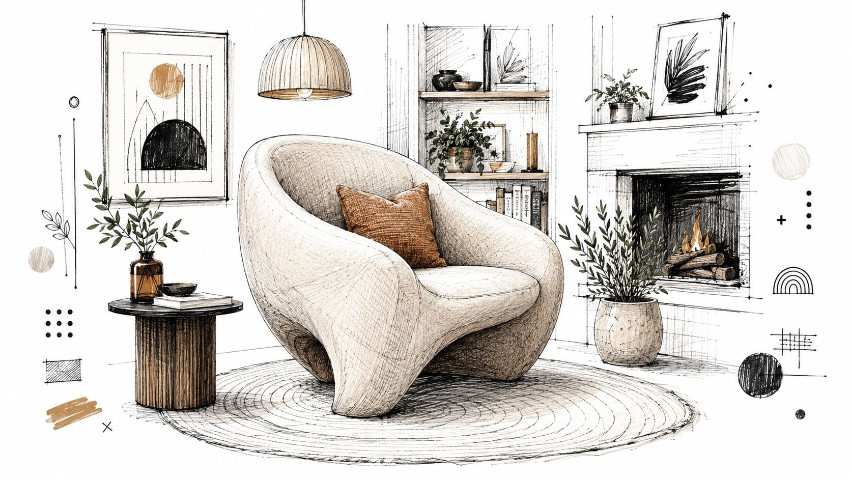 A hand-drawn sketch of a cozy interior featuring a rounded armchair, fireplace, and artistic decor elements.