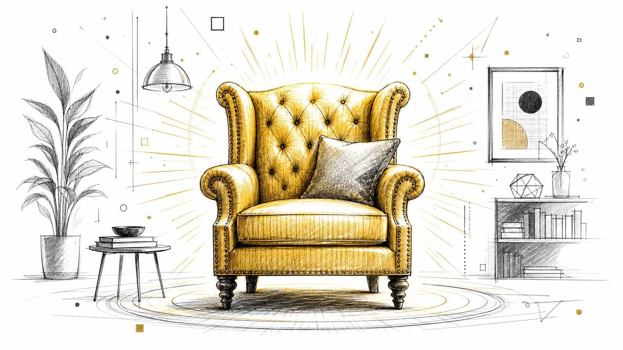 A luxurious golden tufted wingback armchair as a focal point in a modern, stylized sketch room.