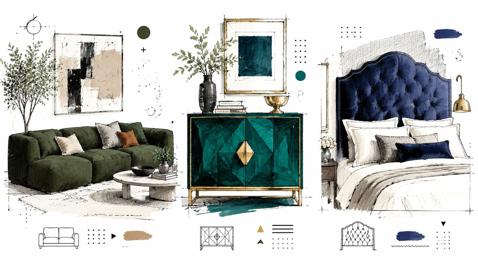 A digital design sketch showcasing a green sofa, a teal cabinet, and a dark blue upholstered bed.
