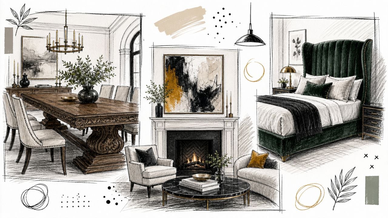 A detailed interior design mood board featuring dining, living, and bedroom furniture statement pieces in elegant styles.
