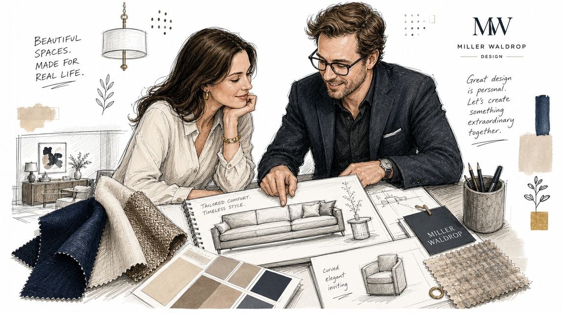 A professional interior designer consults with a client over interior design sketches, fabric swatches, and furniture plans.