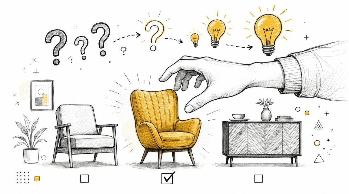 A hand selecting a yellow accent chair among other furniture, representing interior design choices and ideas.