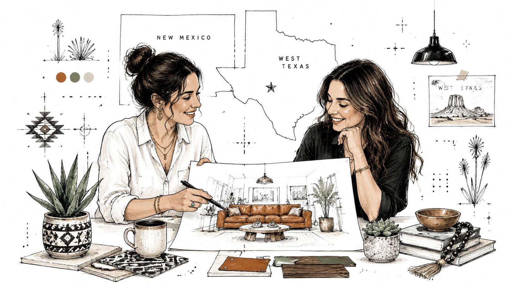 Two women collaborating on a professional interior design sketch featuring a leather sofa and desert elements.