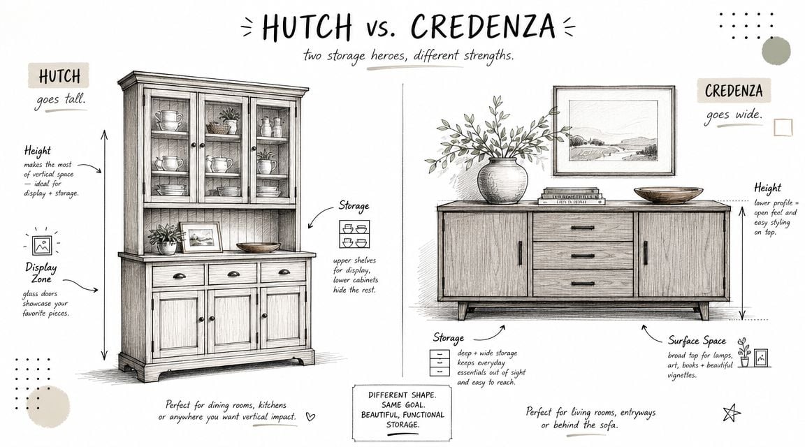 An infographic comparison between a tall hutch for vertical display and a wide credenza for surface storage.