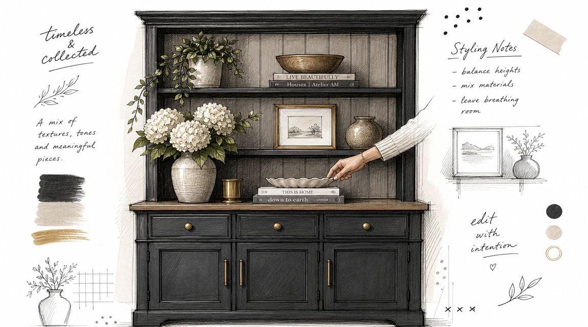 A hand places a decorative bowl on a black hutch and credenza styled with books, plants, and art.