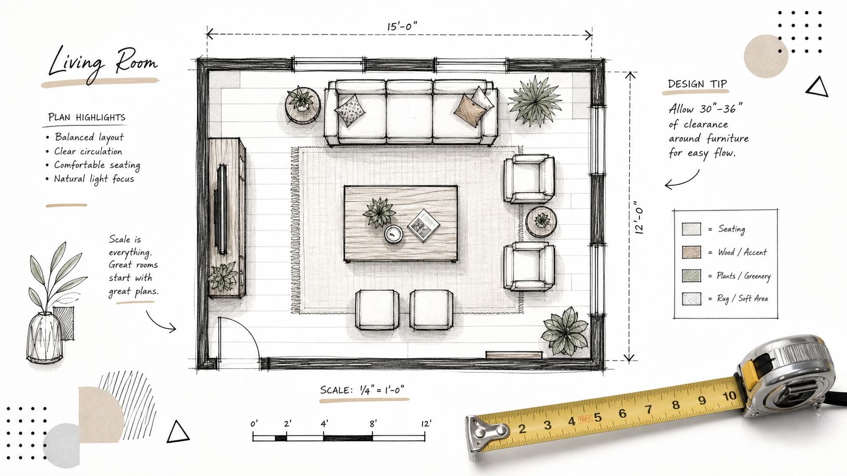 A hand-drawn floor plan of a 15-foot by 12-foot living room showing furniture arrangement and measurements.
