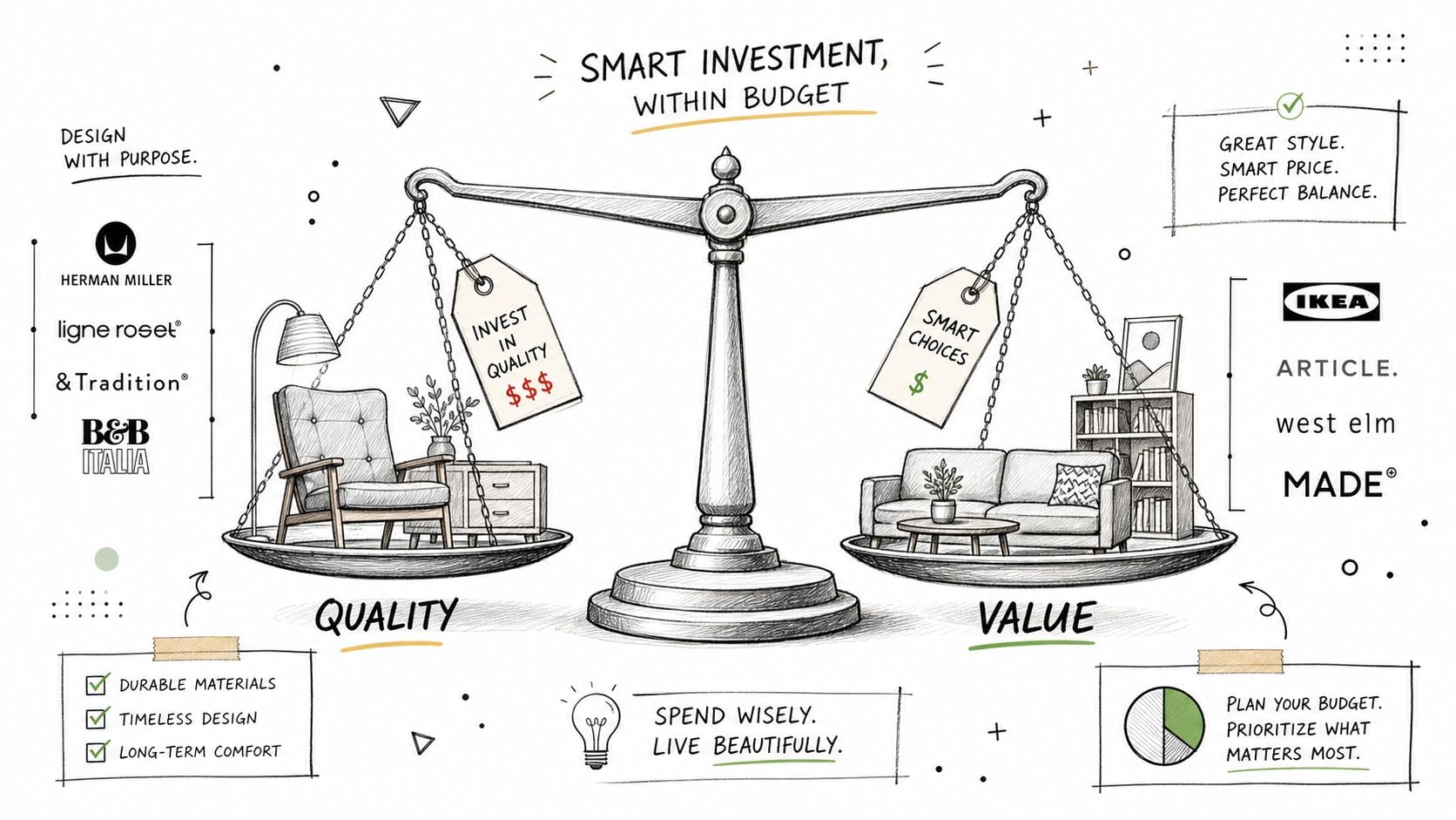 A hand-drawn illustration showing a balance scale weighing luxury furniture brands against affordable, value-based furniture brands.