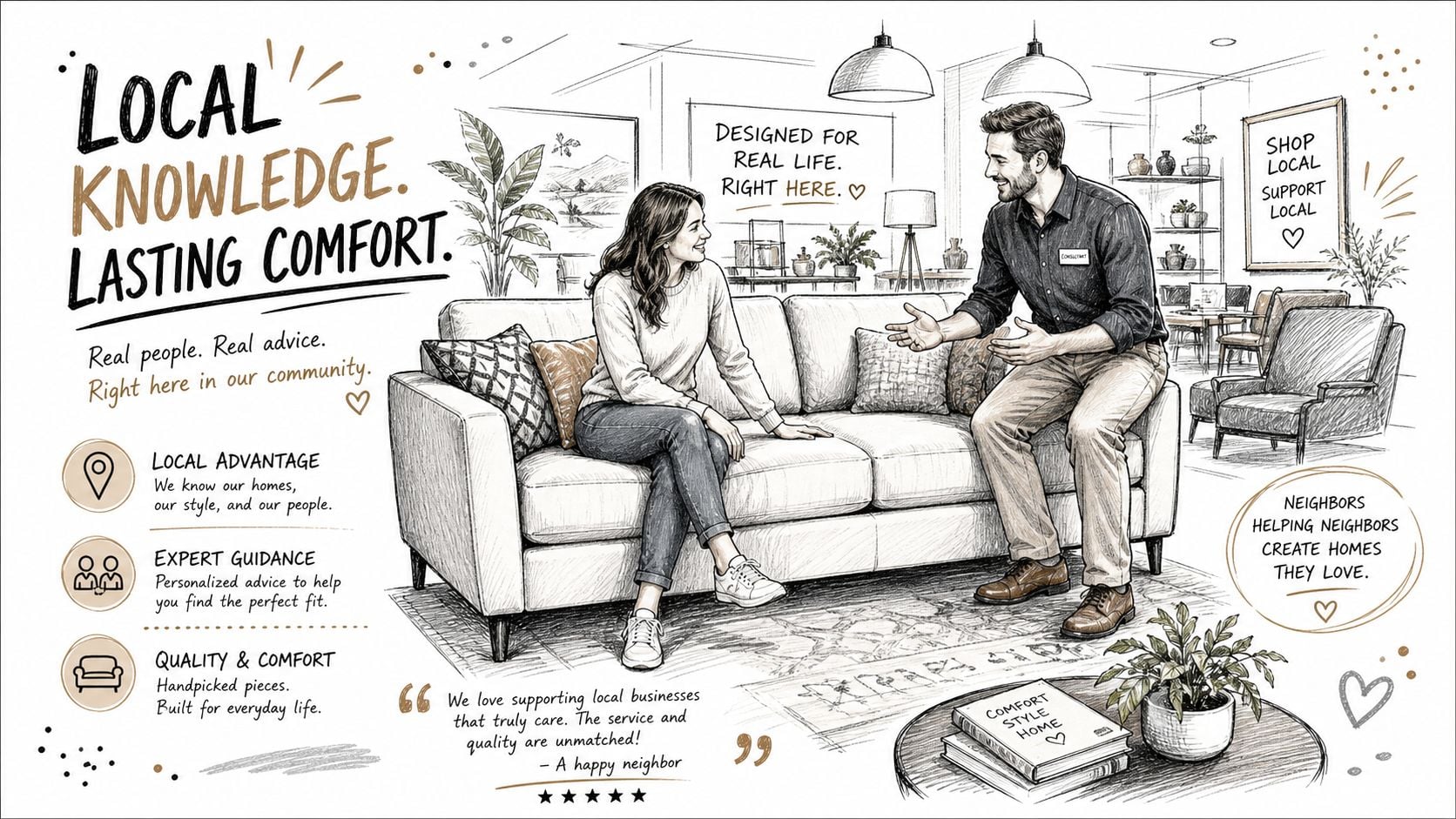 A friendly furniture store consultant assists a customer on a couch in a cozy home showroom environment.