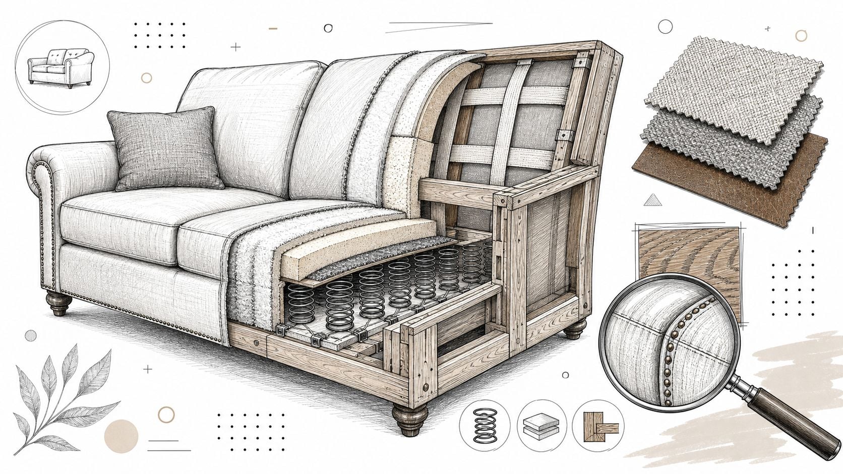 A detailed technical drawing showing the cross-section of a sofa revealing its inner construction and materials.