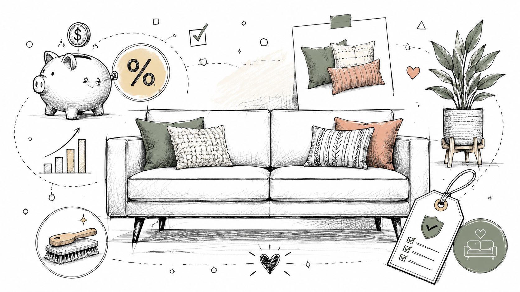 A sketched illustration of a modern sofa with cushions, a potted plant, and various home decor icons.