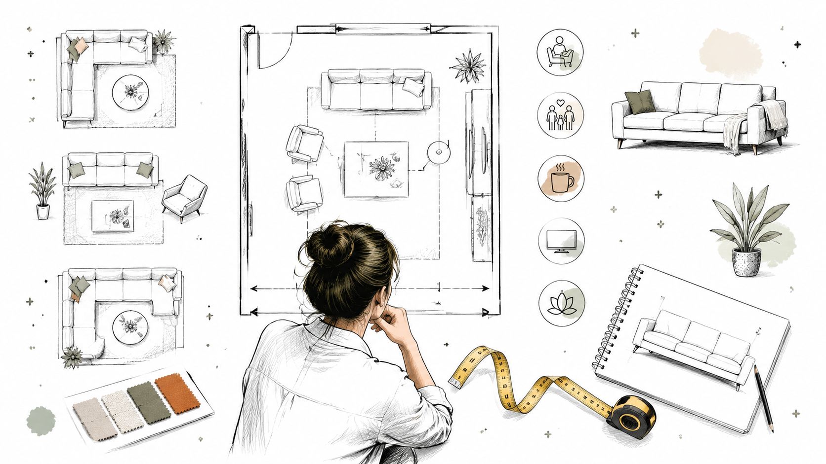 An interior designer sketching a modern living room layout with furniture plans and fabric swatches on a table.