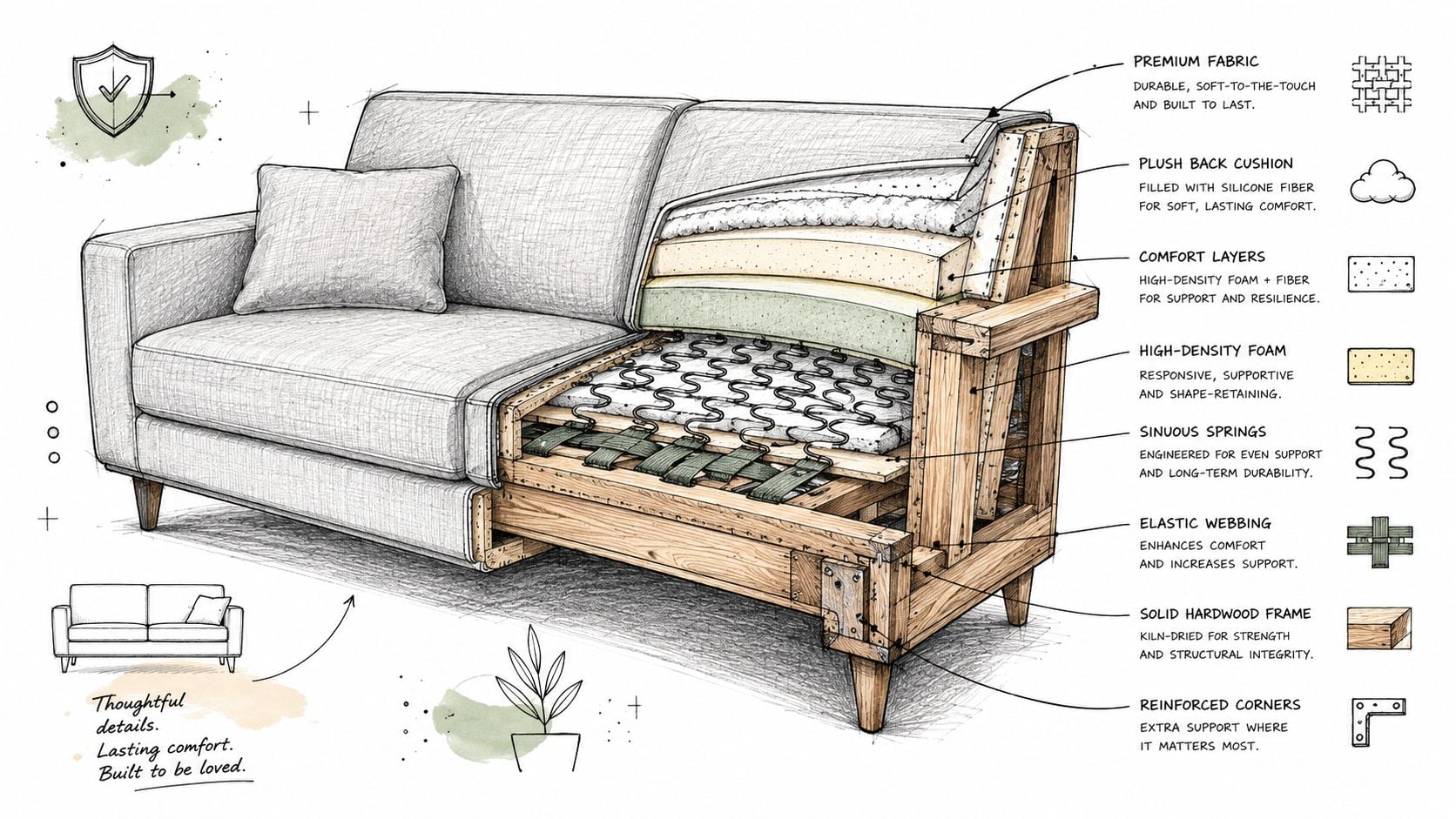 A detailed technical illustration showing the cross-section layers and internal construction materials of a modern upholstered sofa.