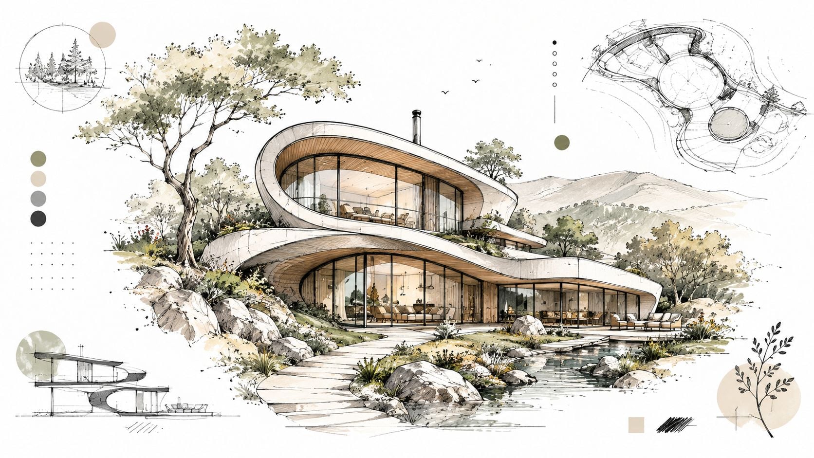 An architectural sketch of an organic modern home featuring curved concrete levels, glass walls, and surrounding landscape elements.