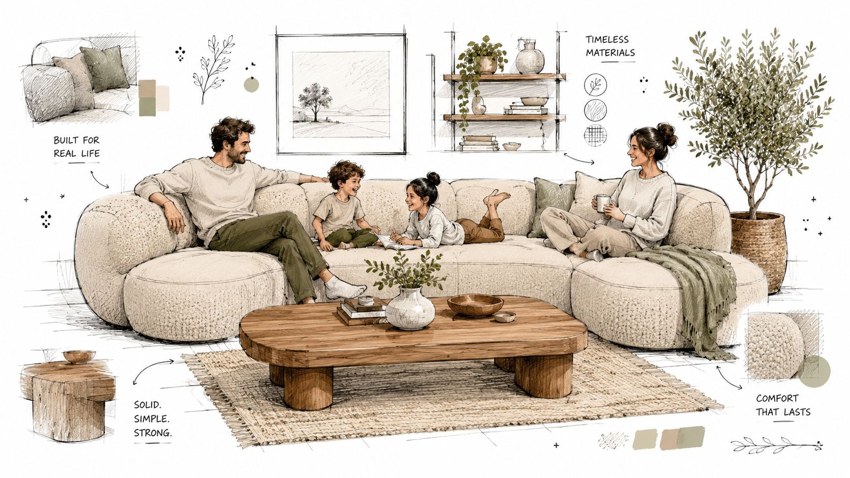 A family relaxing on a large, soft, cream-colored sofa in a bright organic modern living room sketch.