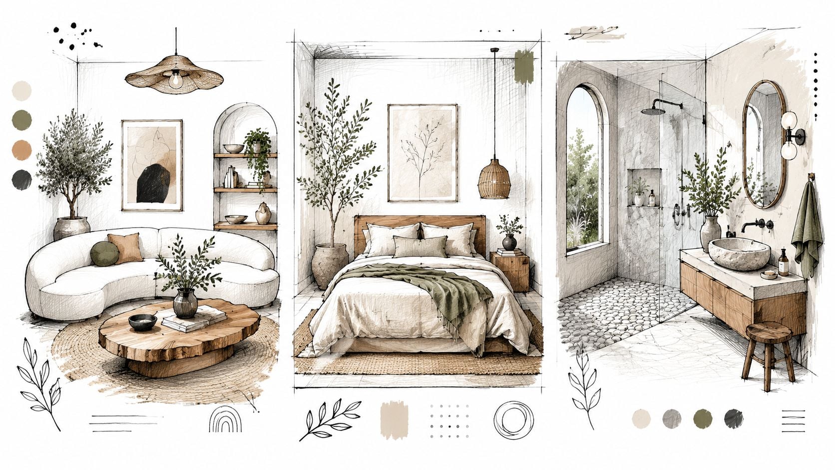 A conceptual sketch showing living room, bedroom, and bathroom interiors in an organic modern design style.