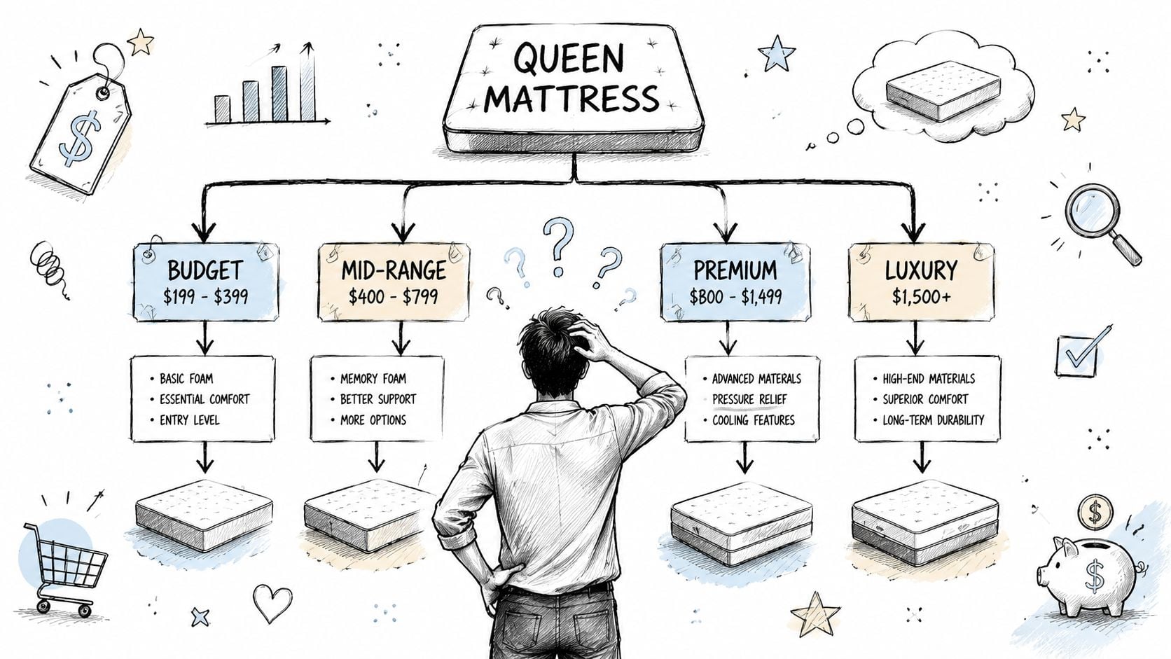 A hand-drawn flowchart illustrating the different price ranges and features of queen size mattresses for shoppers.
