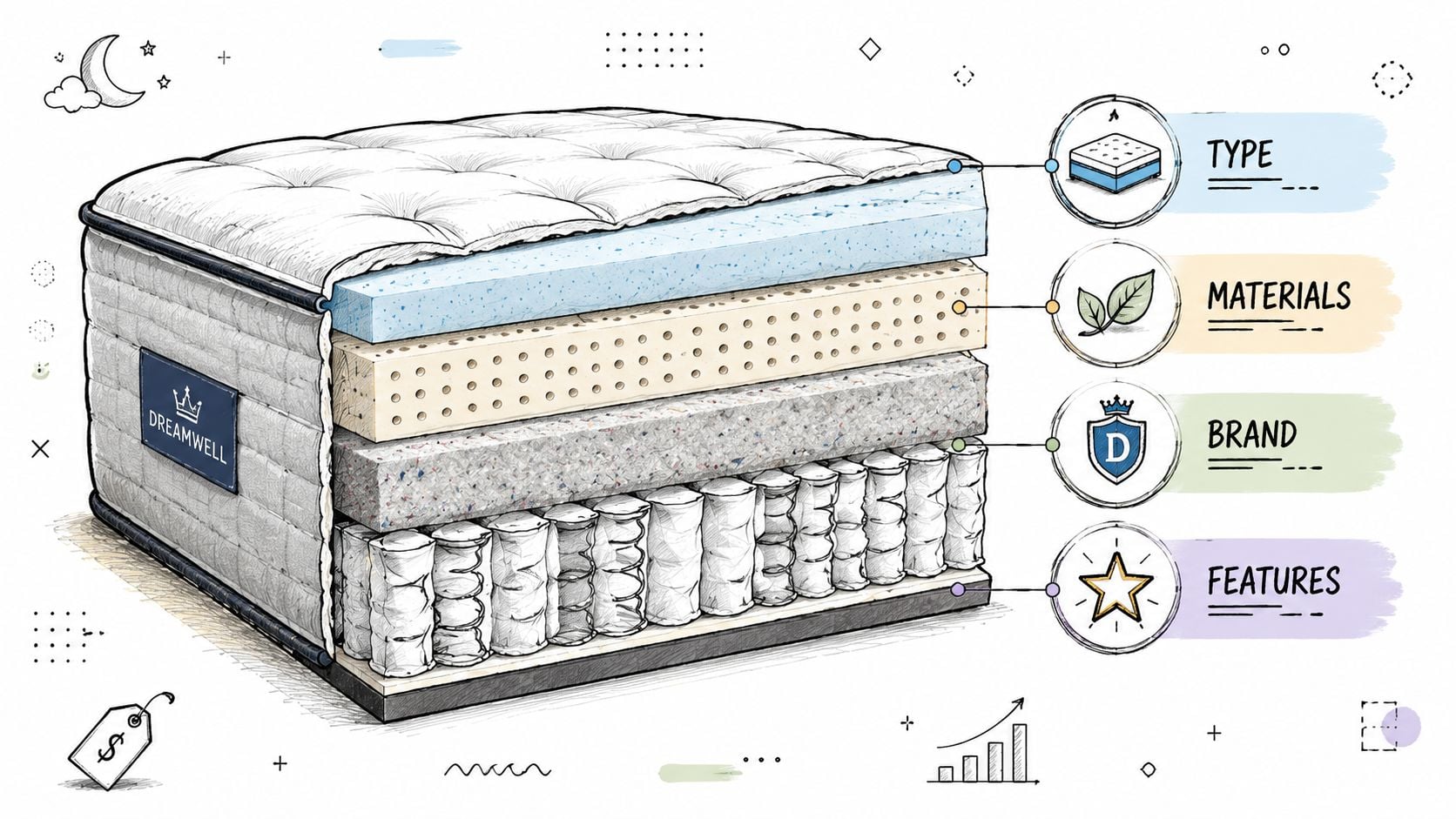 A detailed cross-section illustration of a multi-layered Dreamwell mattress highlighting its internal components and features.