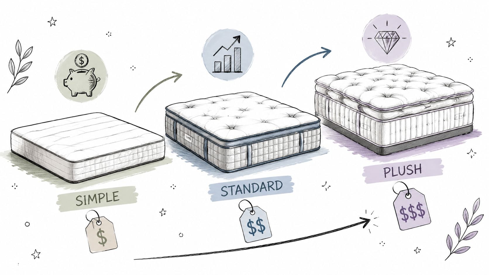 A hand-drawn illustration showing three mattresses, labeled Simple, Standard, and Plush, indicating increasing price tiers.